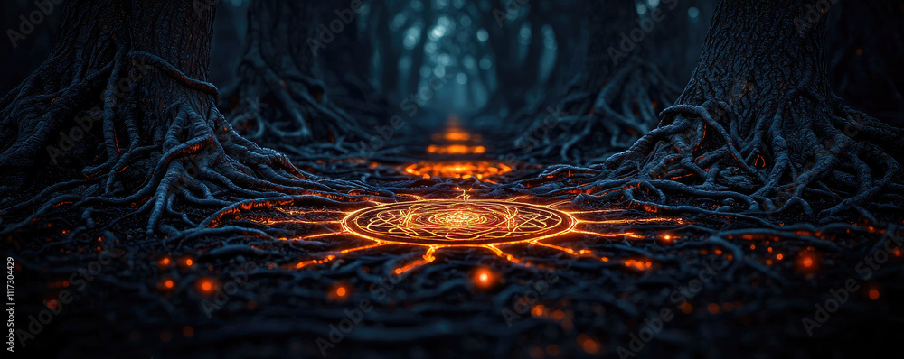 Poster a mystical forest scene with glowing roots and ethereal light patterns on the ground.