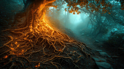 A mystical forest scene with glowing roots and ethereal mist surrounding ancient trees.
