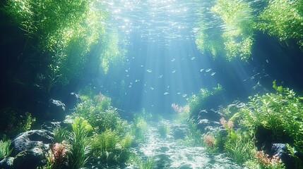 Sunlight shining into the deep blue sea, 3D rendering. Beautiful plants in natural marine environment