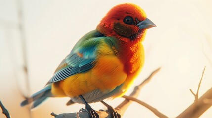 A vibrant bird perched on a branch, its colorful feathers shining in the sunlight against a white background.