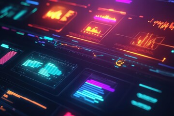 Futuristic data visualization with vibrant graphs and metrics.