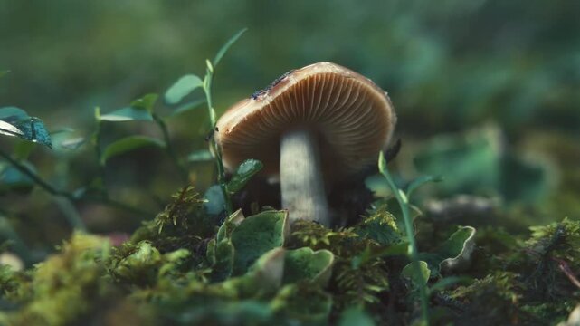 Macro shot of a wild mushrooms growing between leaves in the forest