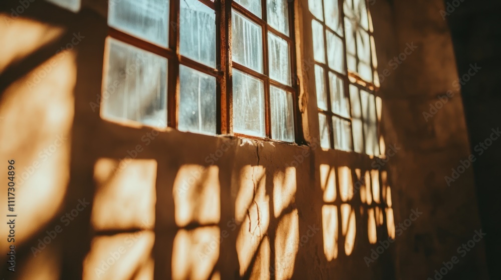 Poster Sunlit Shadows on a Rustic Old Window Pane
