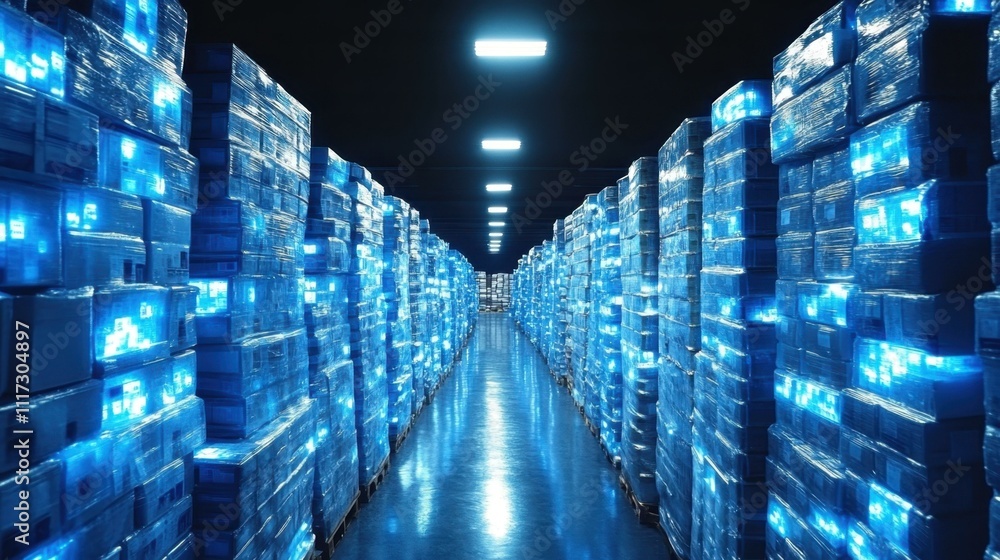 Poster warehouse workers stacking boxes in a large modern storage facility, efficient logistics operations 