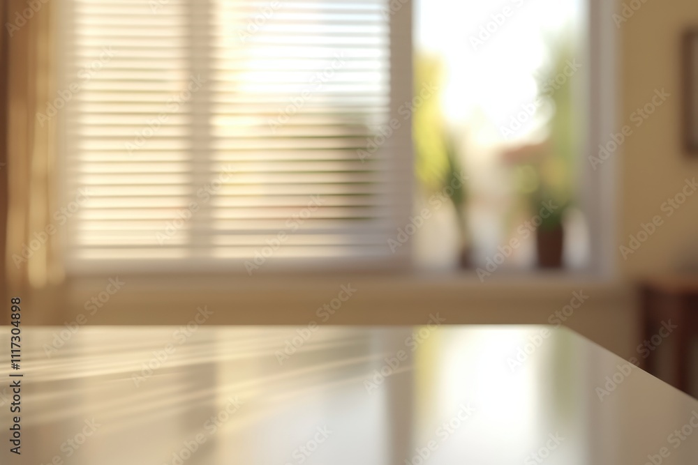 Poster a blurred view of a table with soft lighting and a window in the background.
