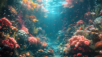Fototapeta premium Vibrant coral reef teeming with colorful fish and diverse marine life, sunlight penetrates the water.