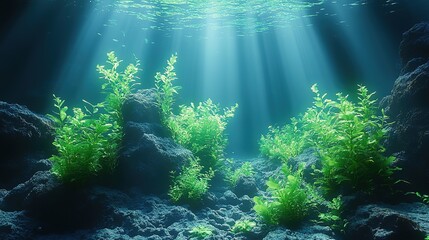 Obraz premium Sunlight shining into the deep blue sea, 3D rendering. Beautiful plants in natural marine environment