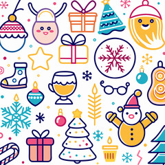 Obraz premium Colorful Christmas pattern with festive icons including gifts, ornaments, snowflakes, and Santa.