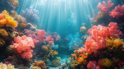 Naklejka premium Vibrant coral reef teeming with diverse fish under sunlit ocean water.