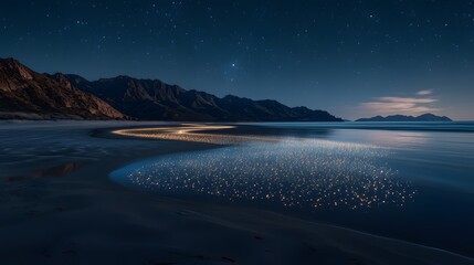 Fototapeta premium Dramatic View of Glowing Water Meeting Sandy Shore Under Starry Night Sky Highlighting Natural Beauty and Tranquility of Coastal Landscape