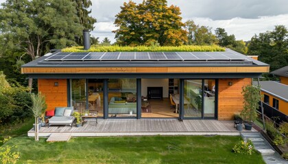 Fototapeta premium Modern eco-friendly house with solar panels and greenery on the roof.