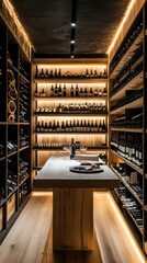 A stylish wine cellar featuring wooden shelves and ambient lighting.
