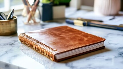 Brown Leather Spiral Notebook On Marble Desk