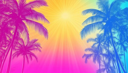 Lush palm trees silhouetted against a vibrant gradient sky.