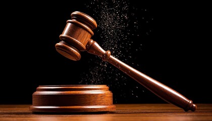 Judicial action gavel striking sound courtroom legal image dark environment close-up view justice concept
