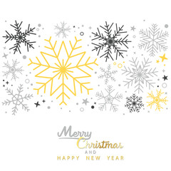 Elegant Christmas snowflake pattern with gold, silver, and black colors on a white background. Perfect for holiday greeting cards, seasonal decor, or festive invitations.