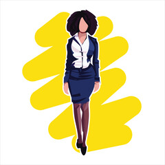 Modern vector illustration of a professional businesswoman in formal attire on a vibrant yellow abstract background. Ideal for corporate, career, or business-related concepts.