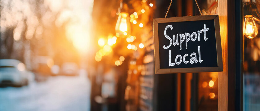 Support Local sign in cozy retail shop with warm lights and sunset glow