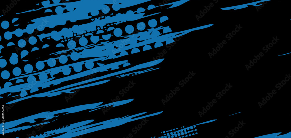 Poster Abstract blue graphic design with splashes and dots.