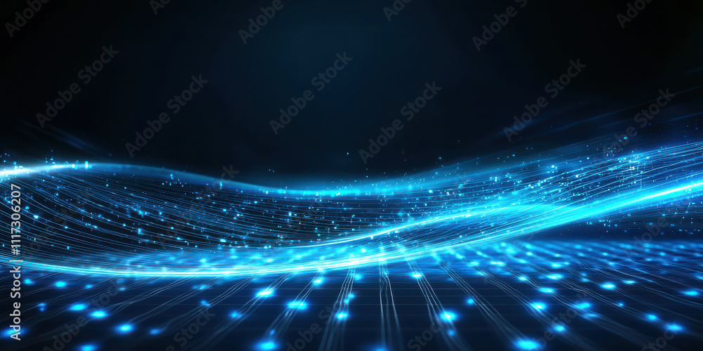 Poster flowing pixel wave on led grid with glowing edges creates dynamic scene