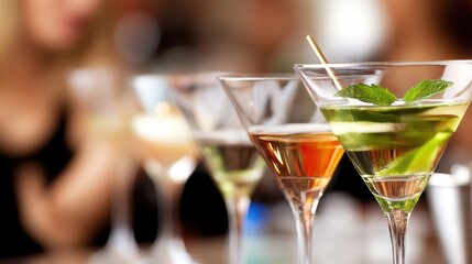 Colorful cocktails in martini glasses at a bar.  Blurred people in background.