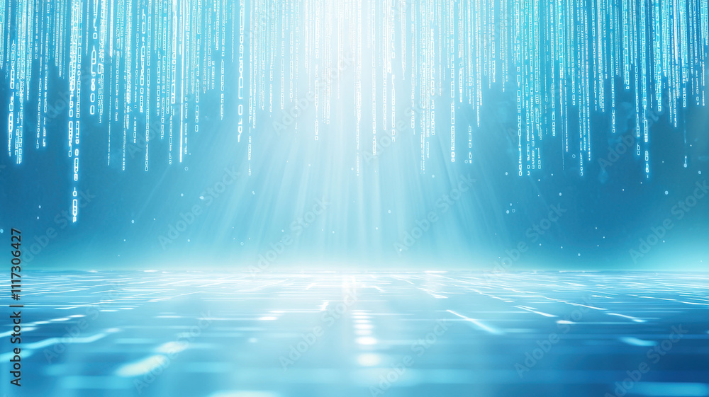 Poster futuristic digital landscape with glowing binary code and light rays