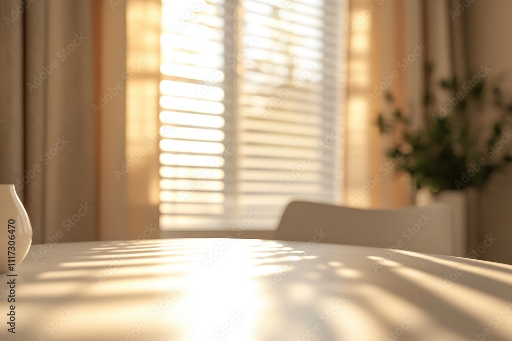 Poster a sunlit room with shadows cast on a table, creating a warm and inviting atmosphere.