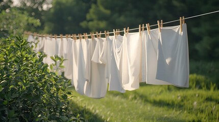 Freshly Washed Clothes Gently Swaying in the Breeze on a Clothesline Surrounded by Lush Greenery and Natural Scenery