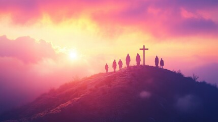 Silhouetted figures ascend a hill towards a cross at sunrise