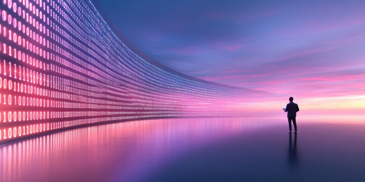 person standing in futuristic landscape with binary code and vibrant colors