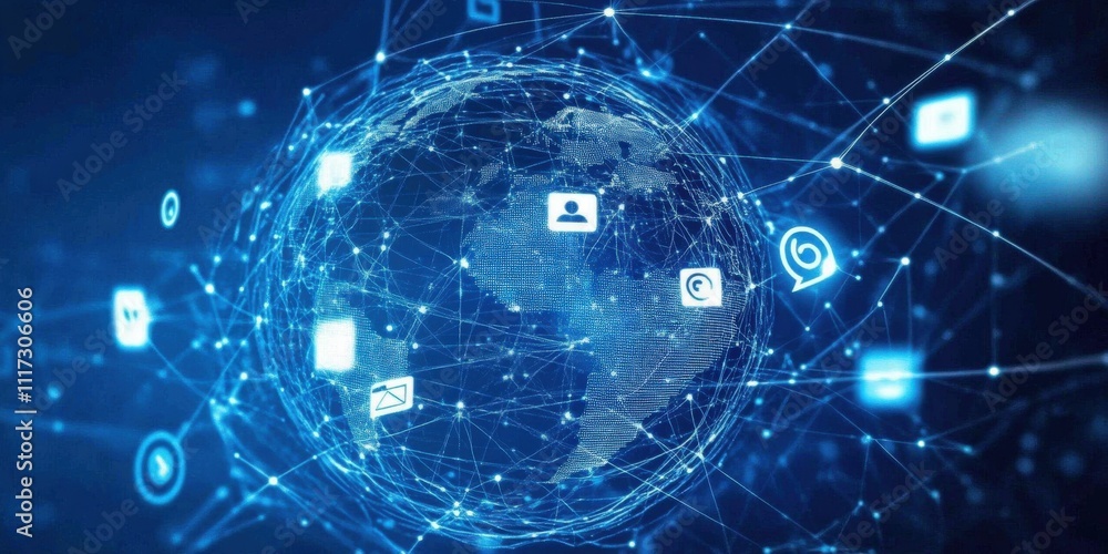 Poster representation of cyber space filled with interconnected digital elements.