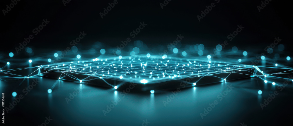 Poster glowing 3d diagram showing binary pathways in digital network