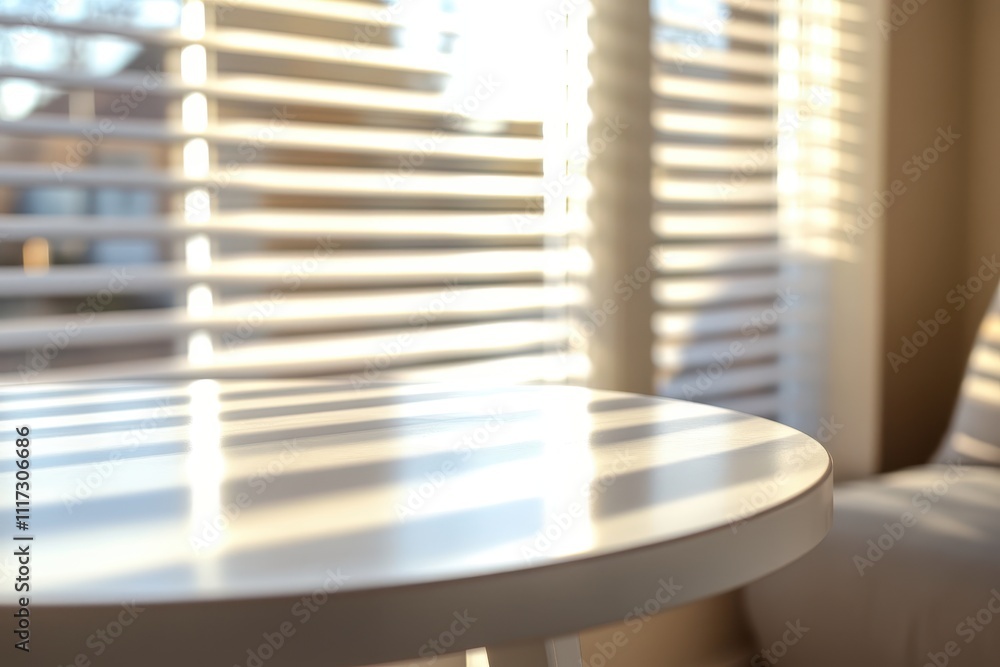 Poster a sunlit room with a round table and soft shadows from blinds.