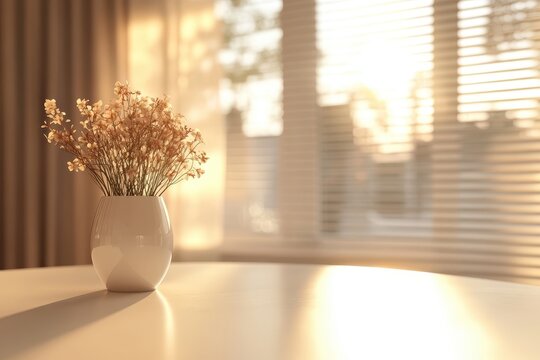 A serene vase with dried flowers sits on a table, illuminated by soft sunlight.