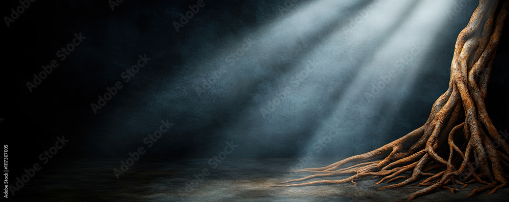 Aufkleber a mystical scene with tree roots illuminated by soft rays of light in dark surroundings.