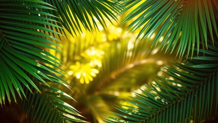 Obraz premium A close-up of palm fronds framing a blurred background of tropical foliage, creating a vibrant and lush green scene.