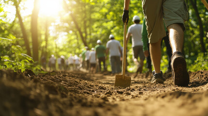 Volunteers working together to build nature trail in forest
