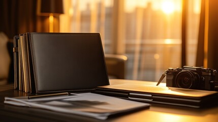 Leather Portfolio Camera And Papers Sunset Glow