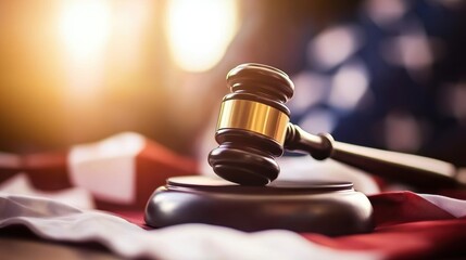 Courtroom action gavel on flag legal proceedings judicial environment close-up view justice concept