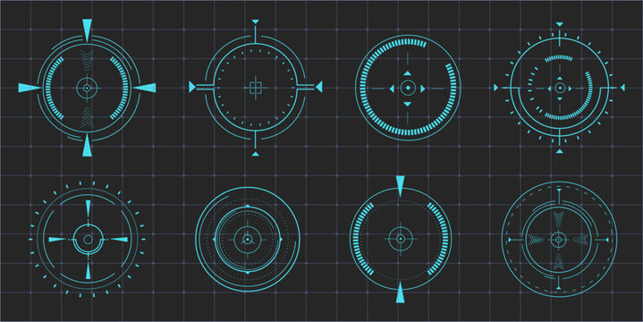 Hud aim pointer optical target, Futuristic focus range indicators, laser crosshair collimator sight. Measurement sniper for sniper gun. Game interface design ui element