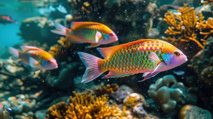 Vibrant orange and pink tropical fish swimming amidst coral reef.