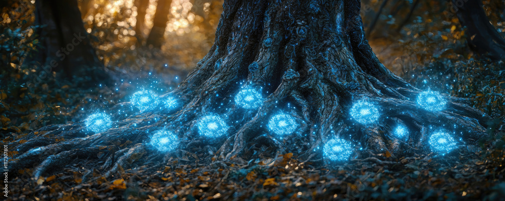 Poster a mystical tree trunk adorned with glowing blue orbs in a serene forest setting.