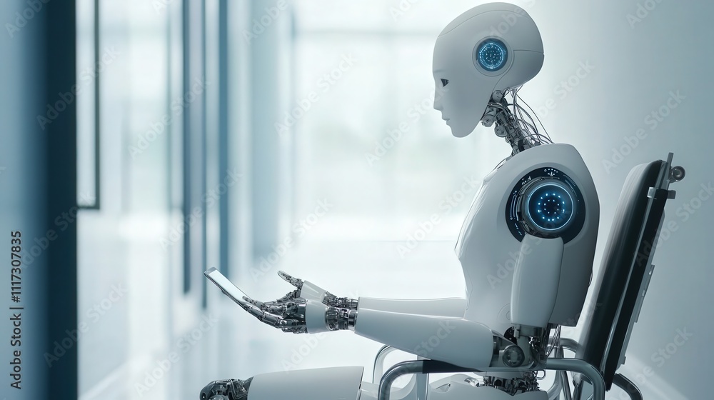 Poster Futuristic Robot Sitting in a Modern Room, Engaged with a Digital Device, Symbolizing Technology and Innovation in Artificial Intelligence and Automation