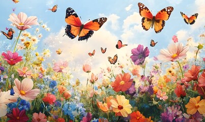 Nature background wildflowers against a blue sky in sunny day with butterfly