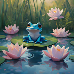 Serene Pond Scene with a Charming Blue Frog