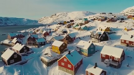 Colorful houses on snowy hills overlooking a fjord in Arctic village.