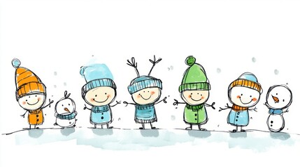 Fototapeta premium Cheerful Winter Scene with Cartoon Characters Holding Hands, Snowman and Snowflakes, Perfect for Holiday Themes and Seasonal Celebrations