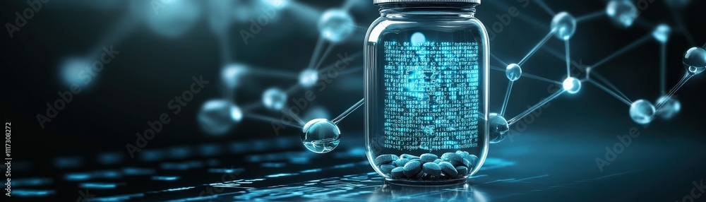 Aufkleber glowing glass jar filled with digital data representations surrounded by abstract molecular connecti