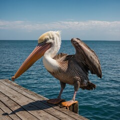 A pelican standing on a pier with a clear ocean backdrop.