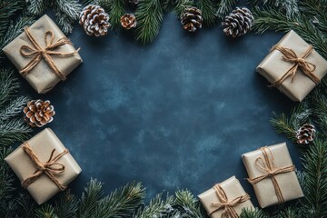 Rustic Christmas gifts arranged around a dark blue background with pine branches. Perfect for holiday greeting cards, winter blogs, or festive advertising.